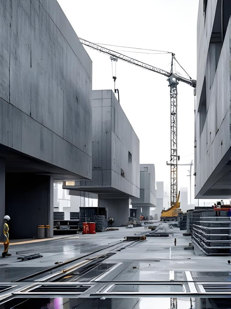 Vorgefertigte Betonelemente auf einer modernen Baustelle mit präzisen Kranbewegungen und klarer Linienführung
