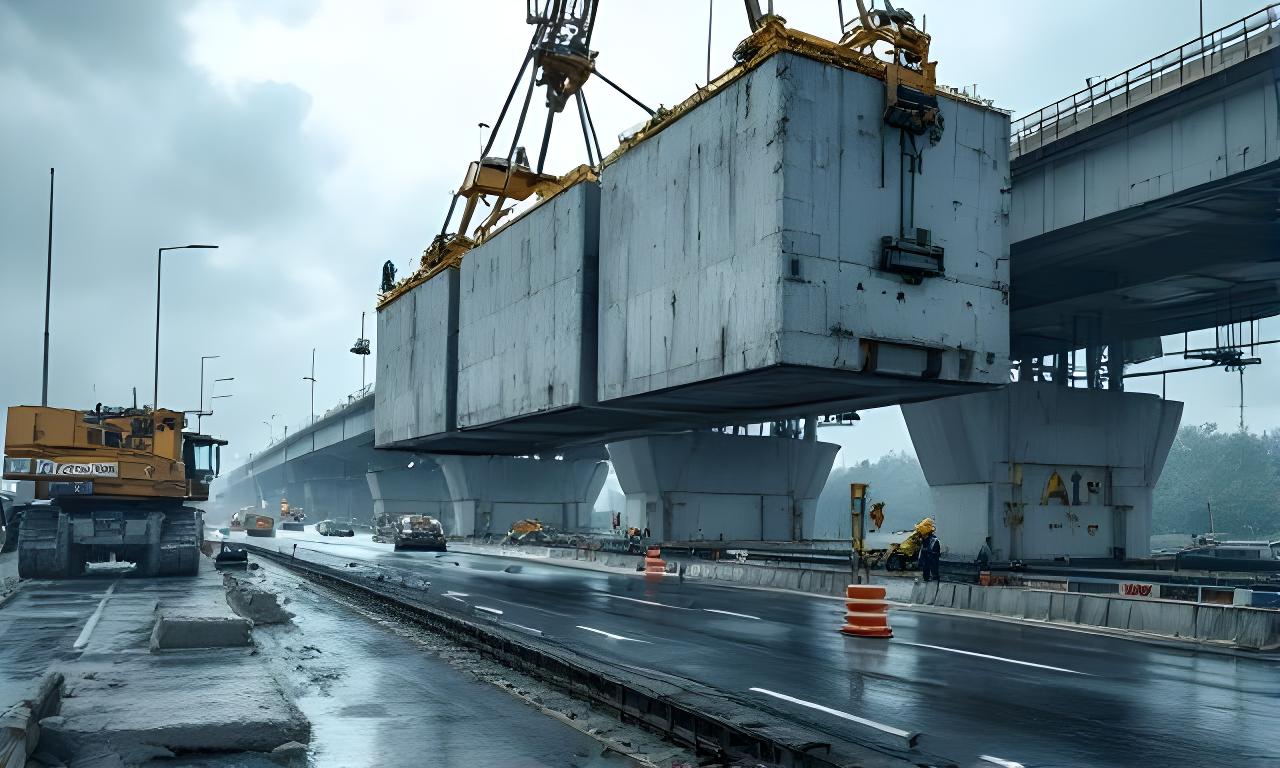 Brückensanierung an der Autobahn A1 mit schwerem Gerät und präzise gehobenen Betonfertigteilen