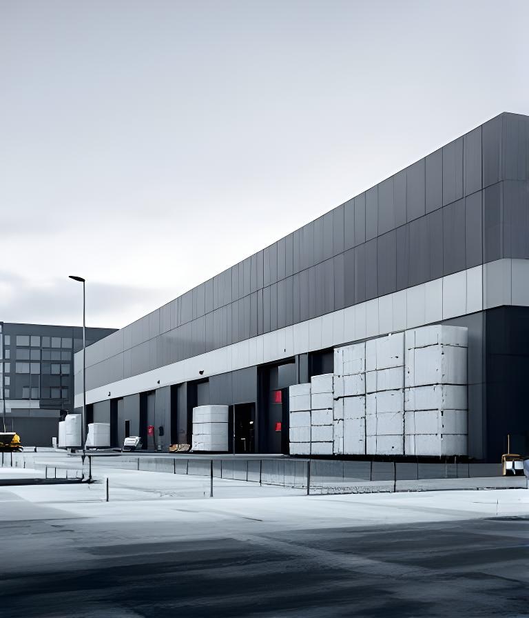Aussenansicht eines modernen Werkstandorts mit gestapelten Betonelementen und sauberem Industriegelände in Zürich