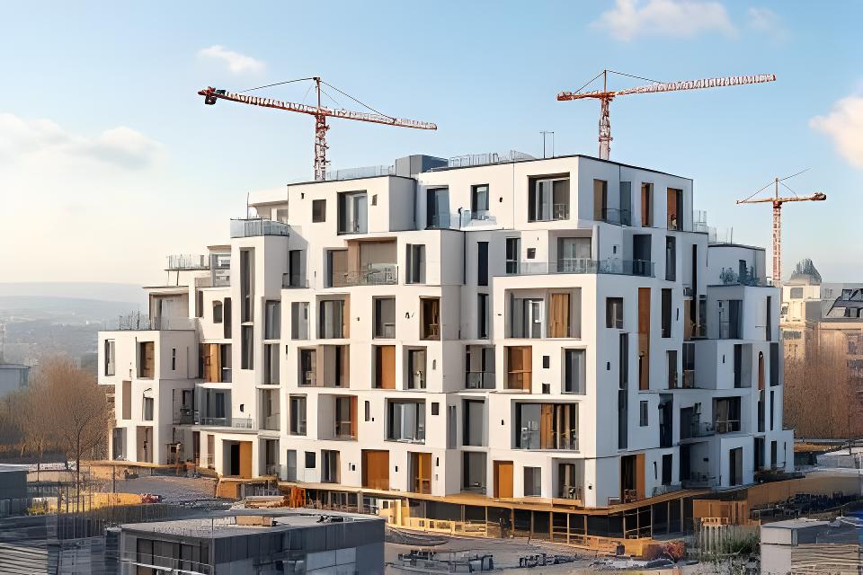Wohnsiedlung mit hellen Fertigteilfassaden in Zürich Nord an einem sonnigen Morgen
