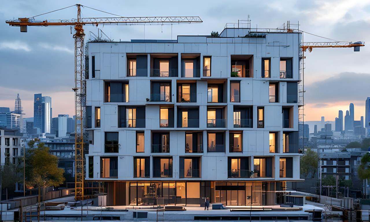 Wohnüberbauung in Zürich-West mit montierten Fassadenelementen und städtischer Skyline im Hintergrund