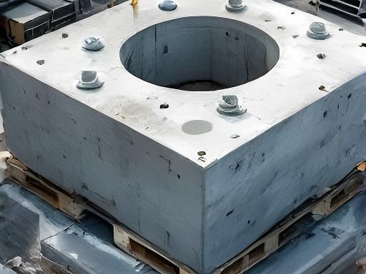 Vorgefertigtes Fundamentelement mit Aussparungen und Montagepunkten auf Paletten im Aussenlager