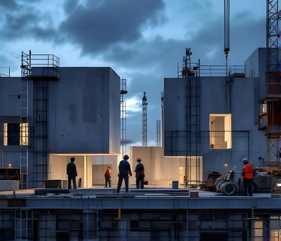Baustellenteam mit vorgefertigten Betonelementen auf einer modernen Schweizer Baustelle bei Abendlicht