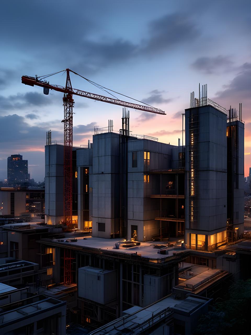 Imposantes Bauprojekt mit vorgefertigten Betonelementen, sichtbar montierte Wandelemente und Kran im Abendlicht