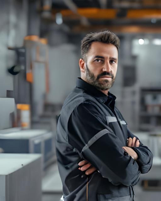 Produktionsleiter neben Schalungselementen und Messwerkzeugen in der Werkhalle
