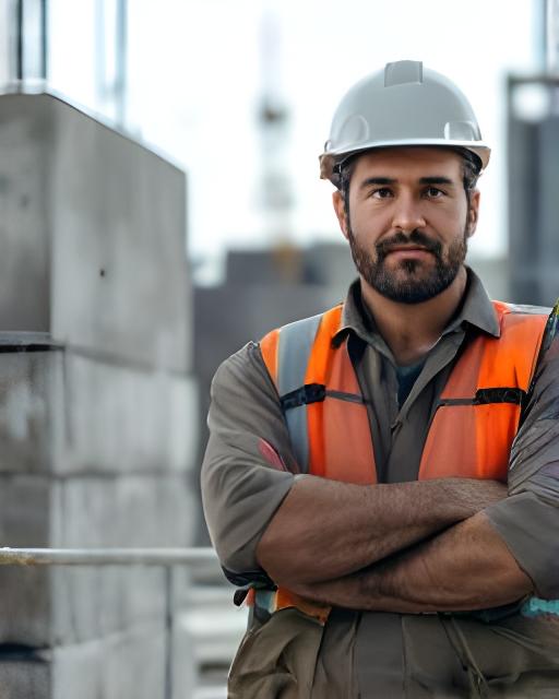 Bauleiter auf einer Baustelle mit Massband und Betonbauteilen im Hintergrund